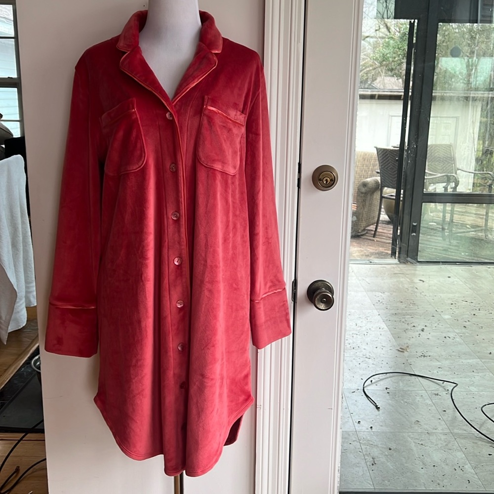 Soft Surroundings Canteloupe Orange Velour Fleece Button-Up Night Shirt Gown L